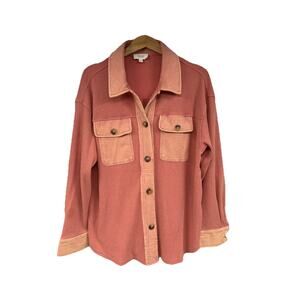 Oddi Boutique Corral Orange Waffle Knit Shirt Jacket Shacket Button Up Womens M
